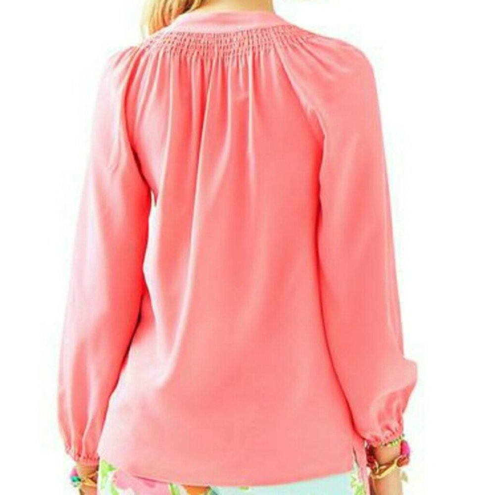 Lilly Pulitzer Coral Pink Long Sleeve Smocked Yoke Blouse - Picture 2 of 5